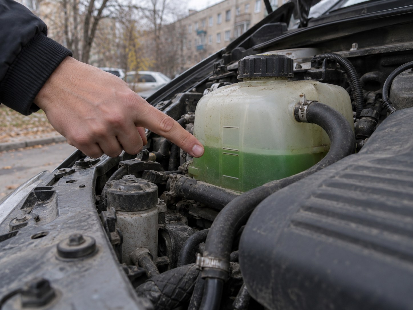 Открытый капот автомобиля, рука указывает на полупрозрачный расширительный бачок с зелёной охлаждающей жидкостью