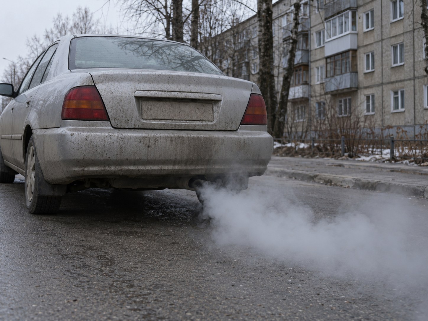 Густое белое облако выходит из выхлопной трубы стоящего автомобиля на городской улице