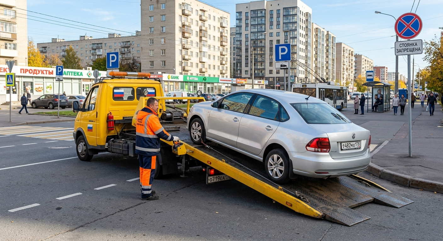 Эвакуатор грузит легковой автомобиль на платформу в городе