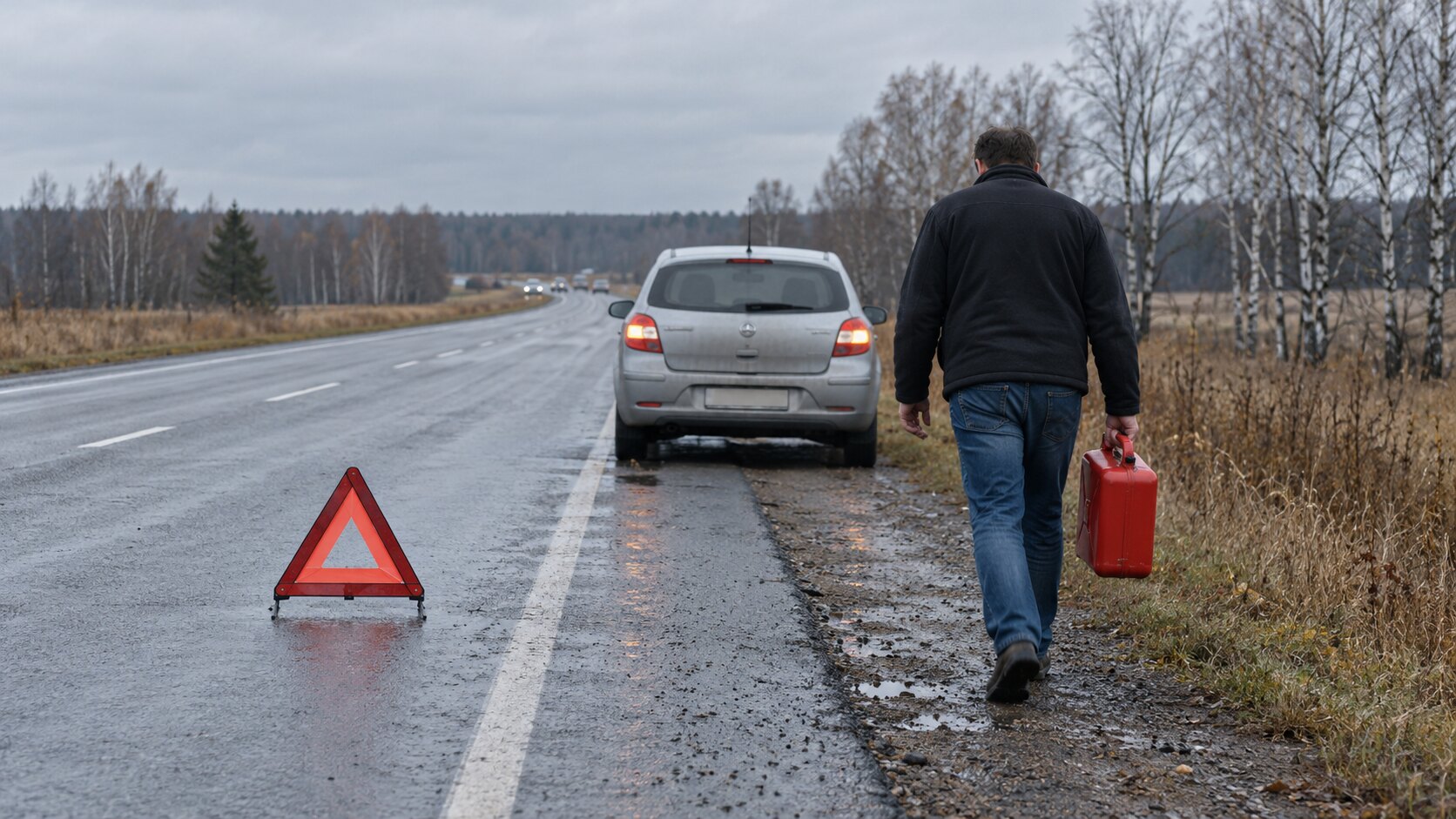 Водитель идёт по обочине с металлической канистрой к машине, которая встала на трассе с включённой аварийкой и выставленным знаком
