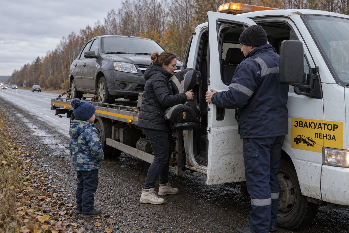 Мама переставляет детское автокресло из своей машины в кабину эвакуатора, рядом стоит ребёнок