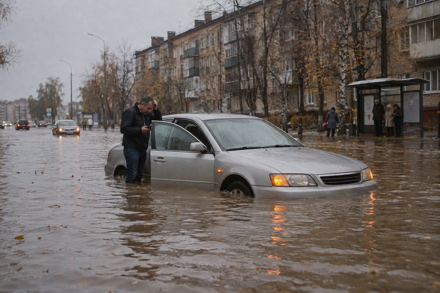 Легковая машина заглохла посреди затопленной городской улицы, вода доходит до порогов, рядом стоит водитель с телефоном