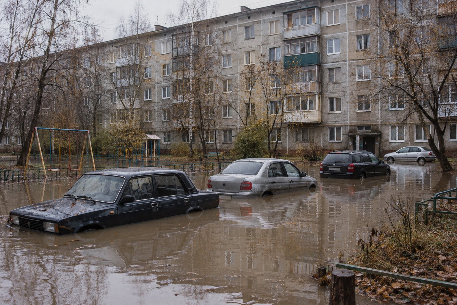 Затопленный двор пятиэтажки после ливня, несколько припаркованных машин стоят в мутной воде выше колёс