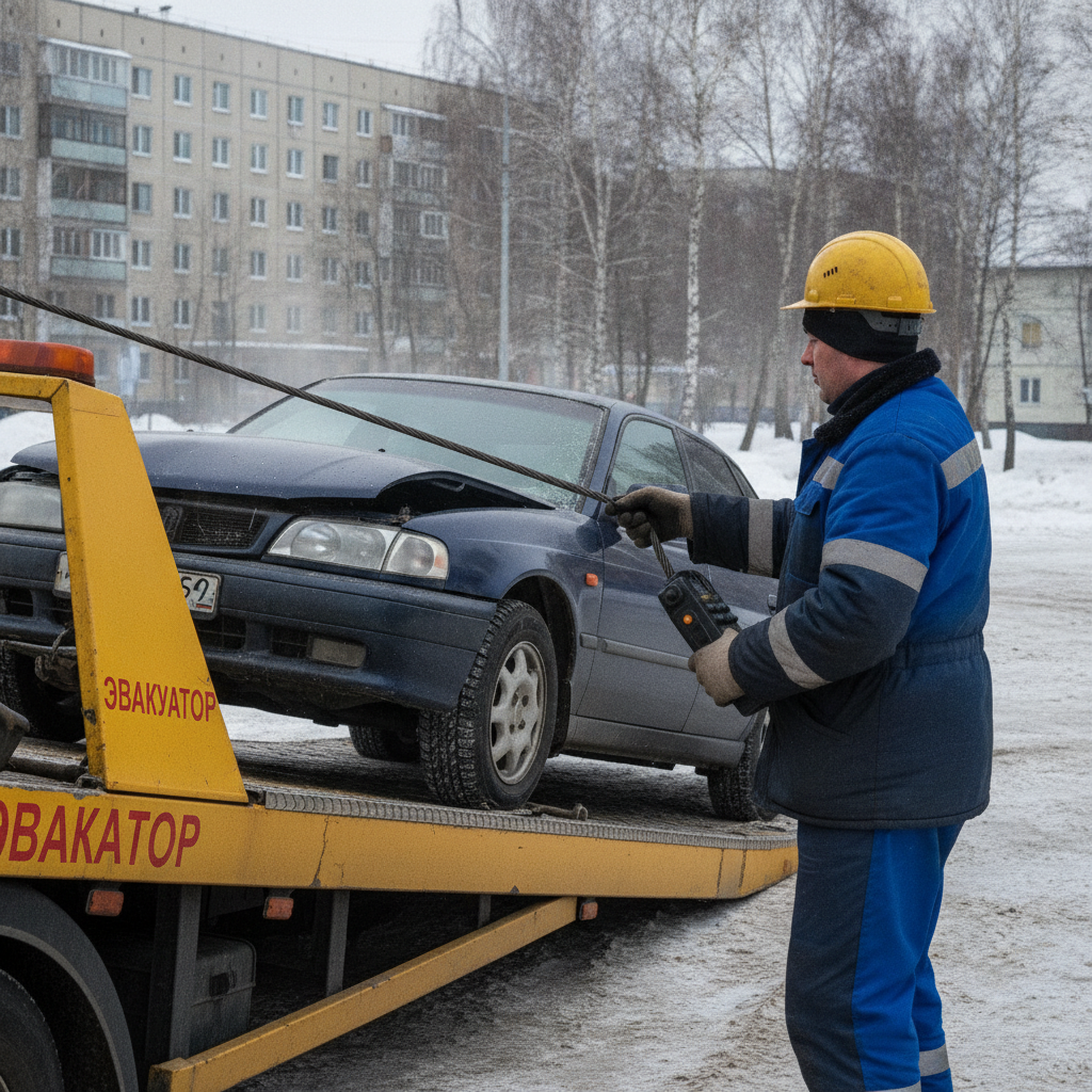 Погрузка автомобиля на эвакуатор в Пензе зимой